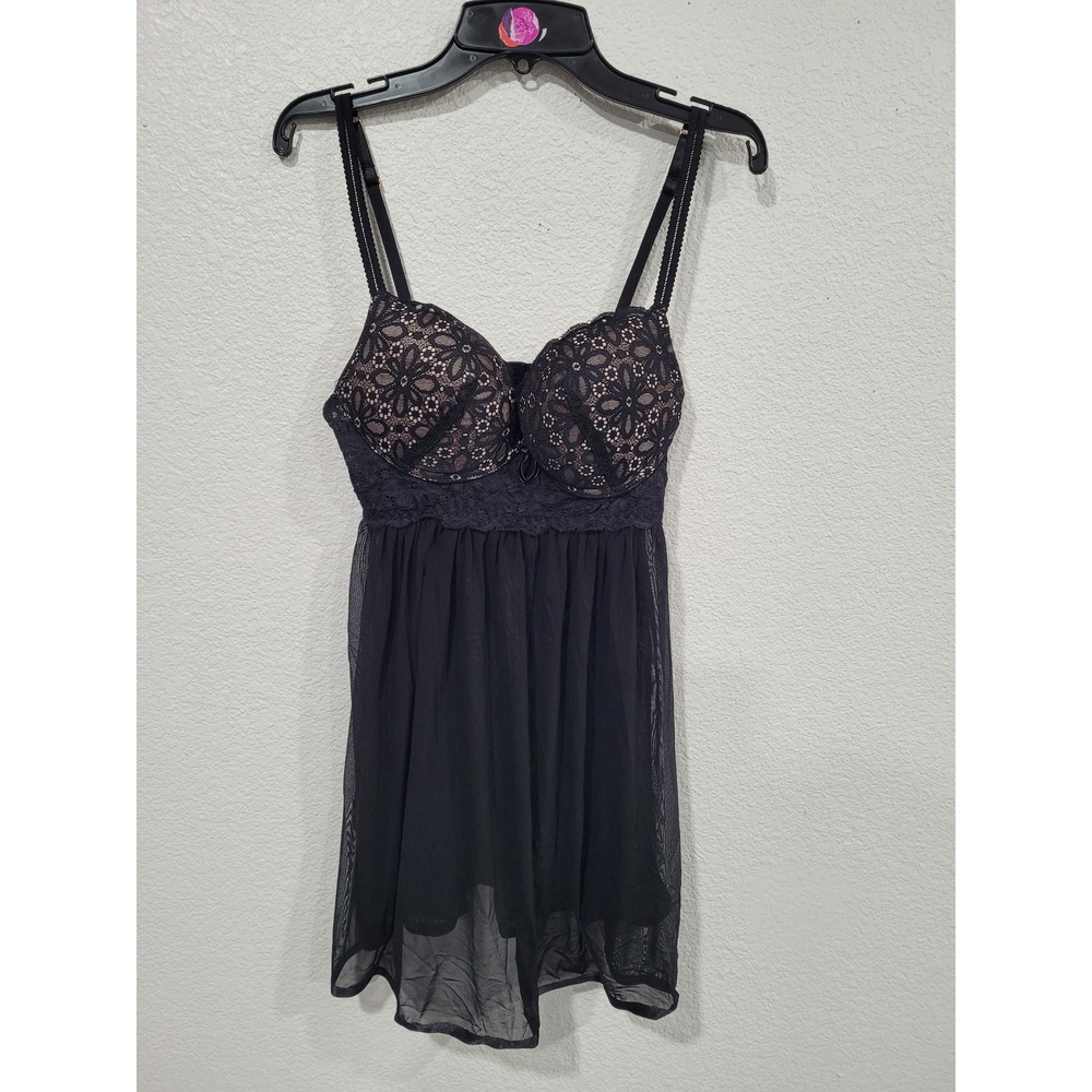 Daisy Fuentes Black Lace Mesh Babydoll Chemise Padded Underwire Lingerie Med #22